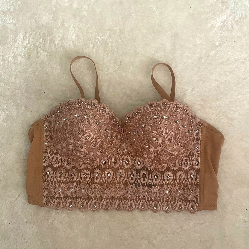 Windsor Tan Silver Lace Bustier Top Rhinestones Sequins Removable Straps Size XL